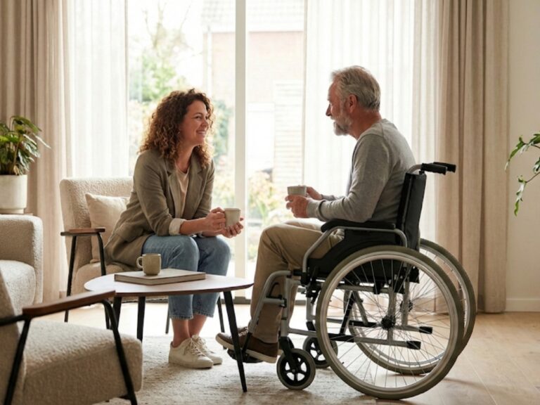 A candid photograph of a woman and a man in a wheelchair having a friendly, supportive conversation over coffee in a bright, modern living room with large windows and potted plants.