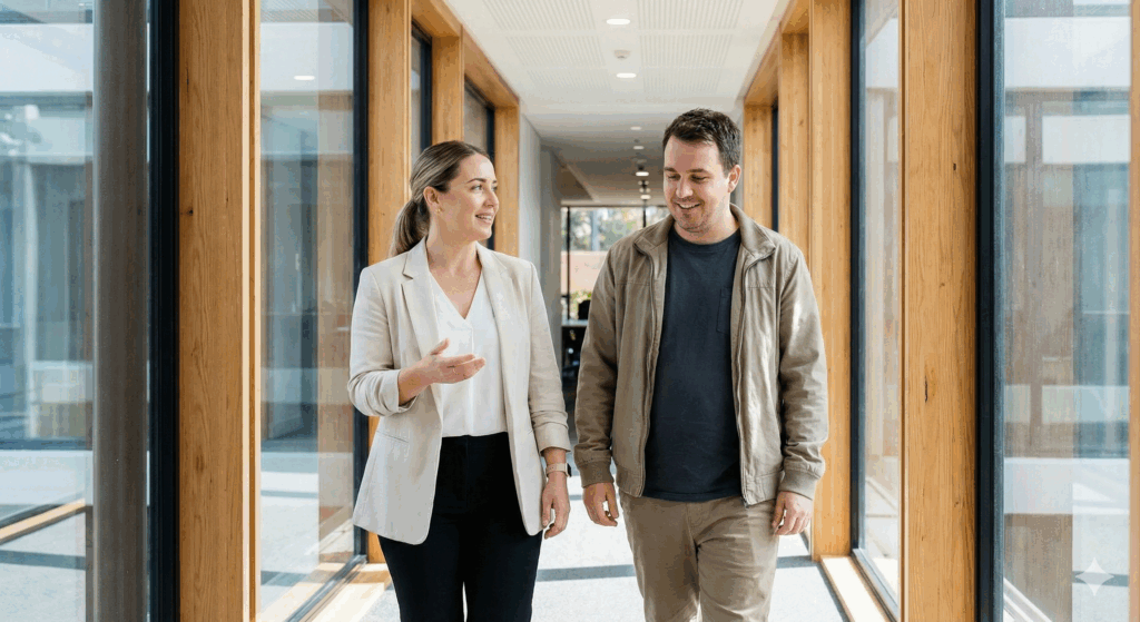 A woman in a beige blazer and a man in a beige jacket are walking side-by-side and smiling while having a conversation in a modern office corridor with large windows and wooden frames.