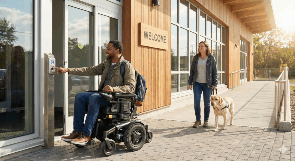 A man in a powered wheelchair uses an accessible push-button to open the automatic door of a modern community centre with a "WELCOME" sign. A woman and a service dog are walking up the ramp behind him.