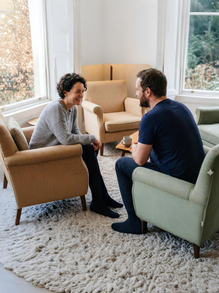 A candid photograph of a woman and a man smiling and looking at each other while seated in armchairs in a sunlit living room, representing a supportive connection.