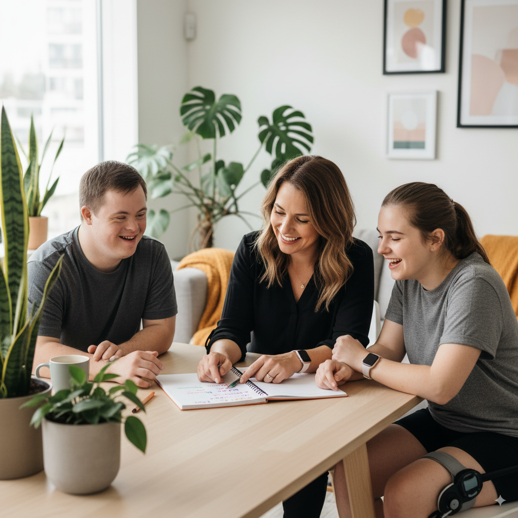 An NDIS support worker sitting at a table with two individuals with disability, smiling and reviewing a notebook together in a calm home setting, representing person-centred support work, guidance, and inclusive care.