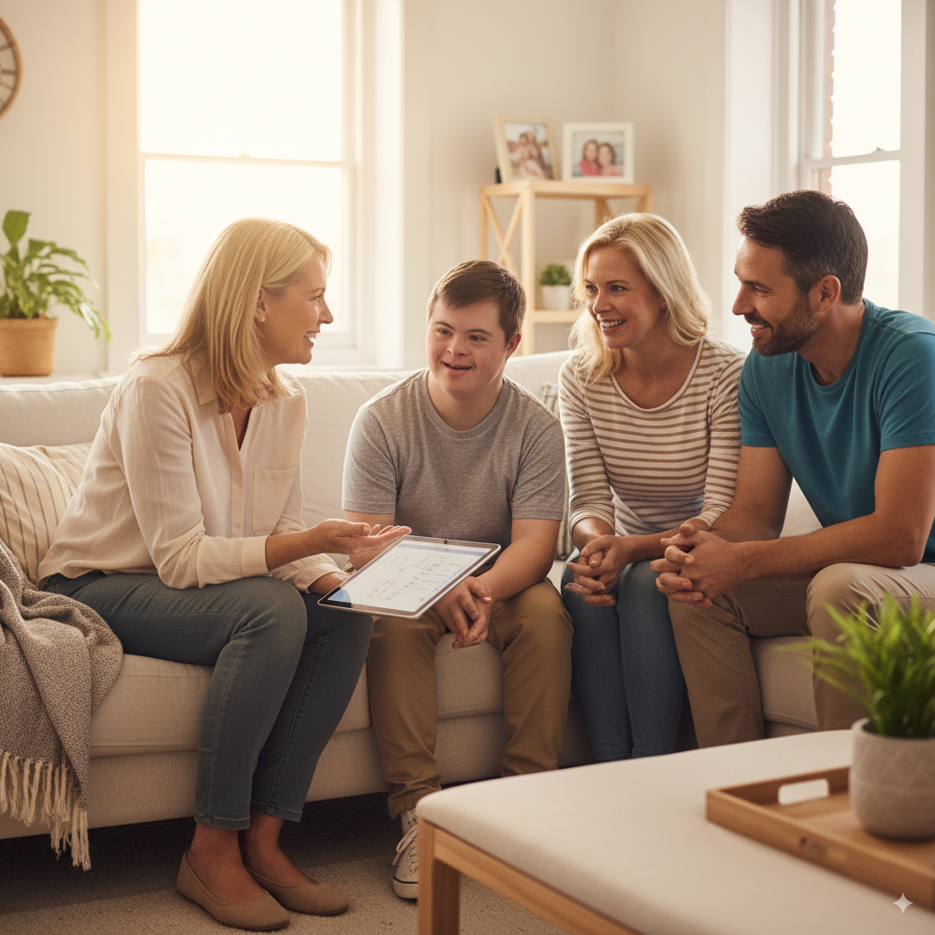 NDIS support worker discussing personalised disability support plans with a participant with Down syndrome and their family in a warm, supportive home environment