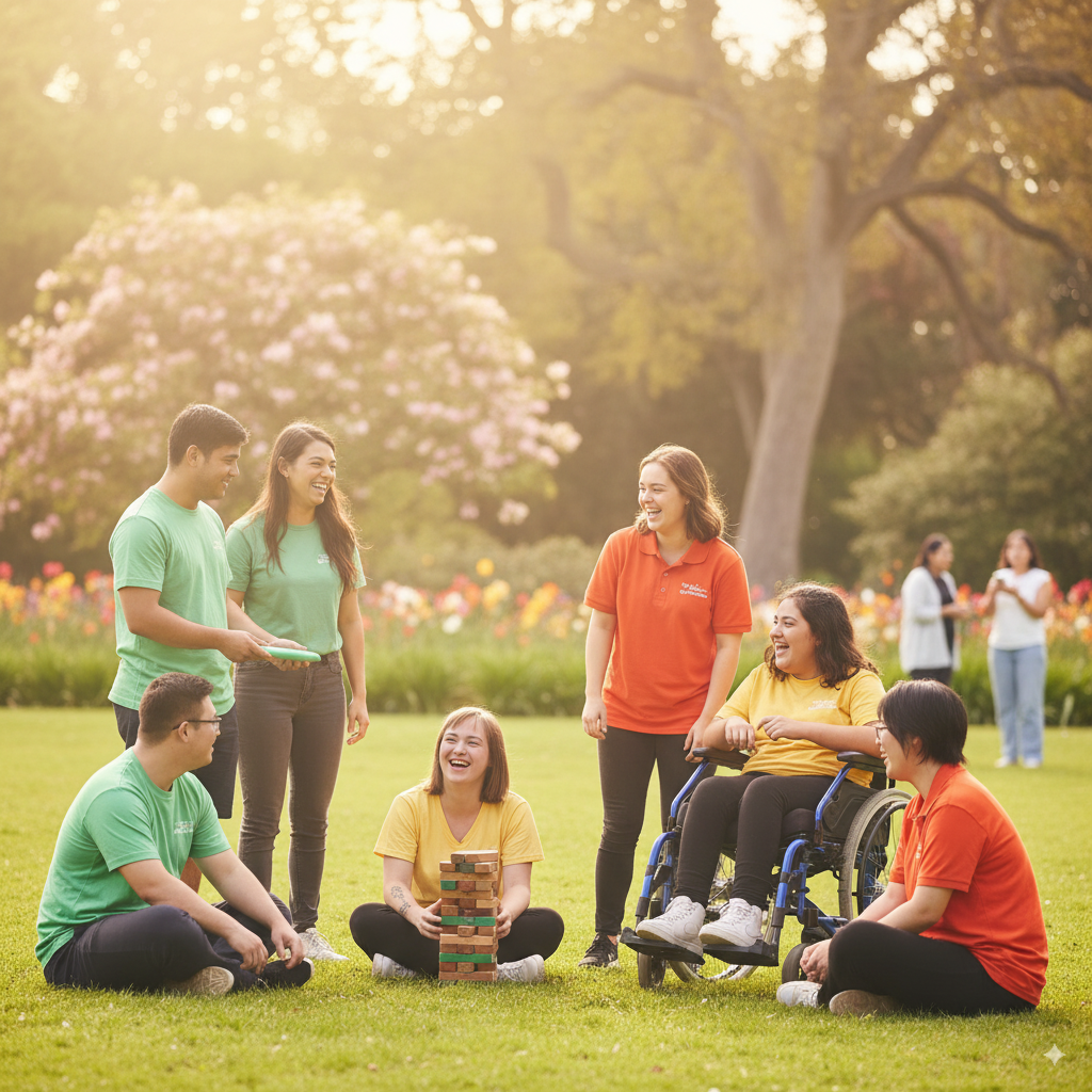NDIS participants with physical and psychosocial disabilities enjoying an inclusive community activity in a park with support workers, promoting social connection, wellbeing, and participation.