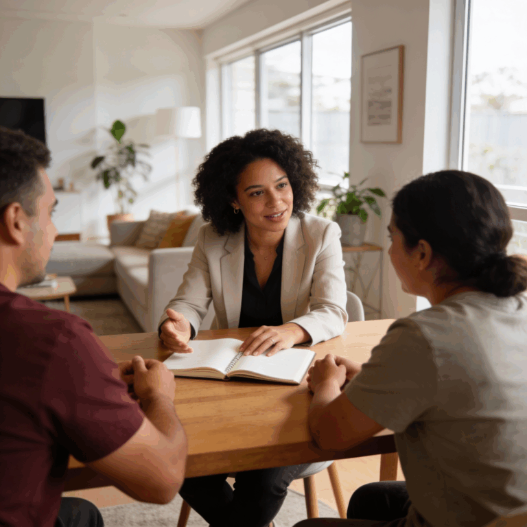 Recovery Coach supporting two participants at a table, reviewing a recovery support plan in a calm, welcoming indoor environment, showing person-centred mental health support.