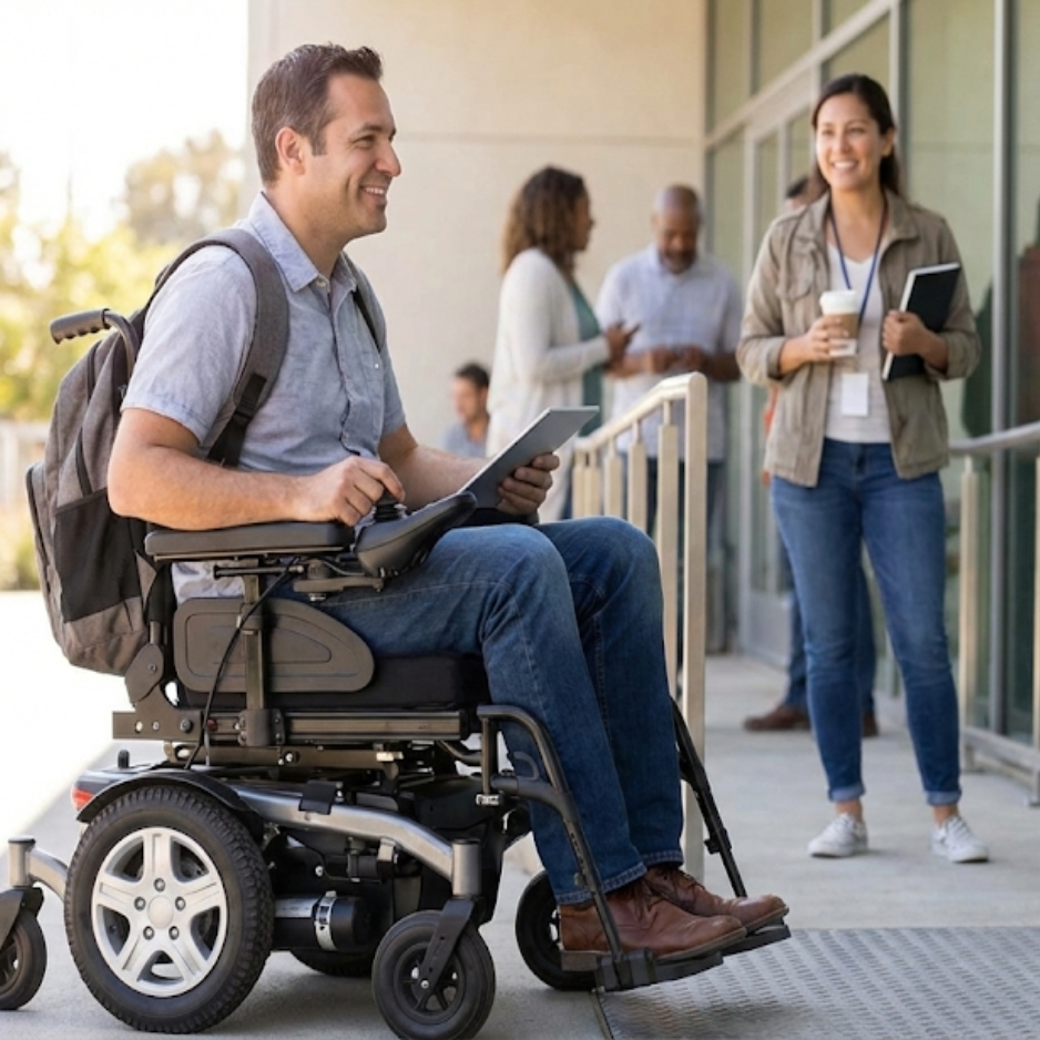 A smiling man in a motorized wheelchair holds a tablet outside a modern building with glass windows, while a woman with a coffee cup smiles in the background.