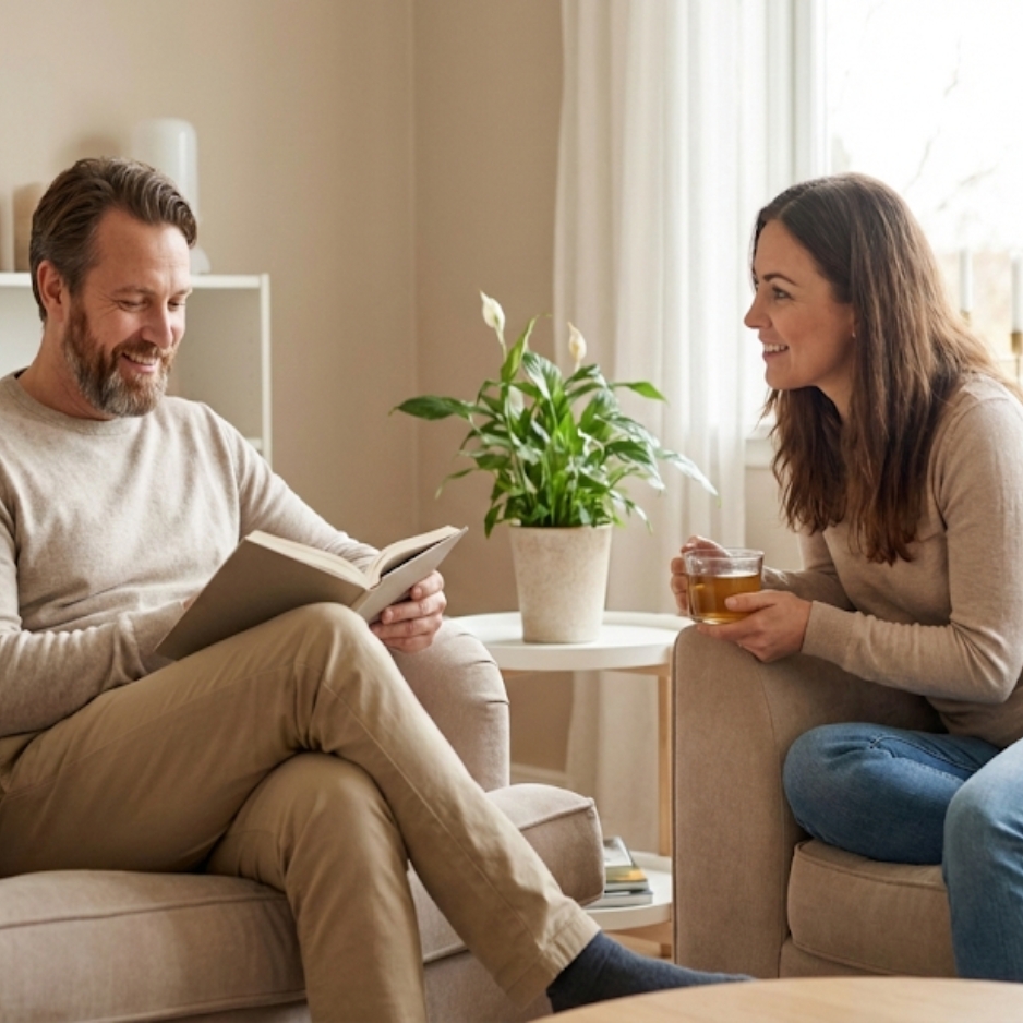 A candid photo of a middle-aged couple relaxing together in a sunlit living room. The man is smiling while reading a book in a beige armchair, and the woman is holding a cup of tea on a sofa opposite him, looking on with a smile.